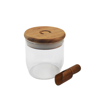 Recipient din sticlă cu capac din lemn de acacia, rotund, etanș, pentru ceai, bomboane, nuci și cereale