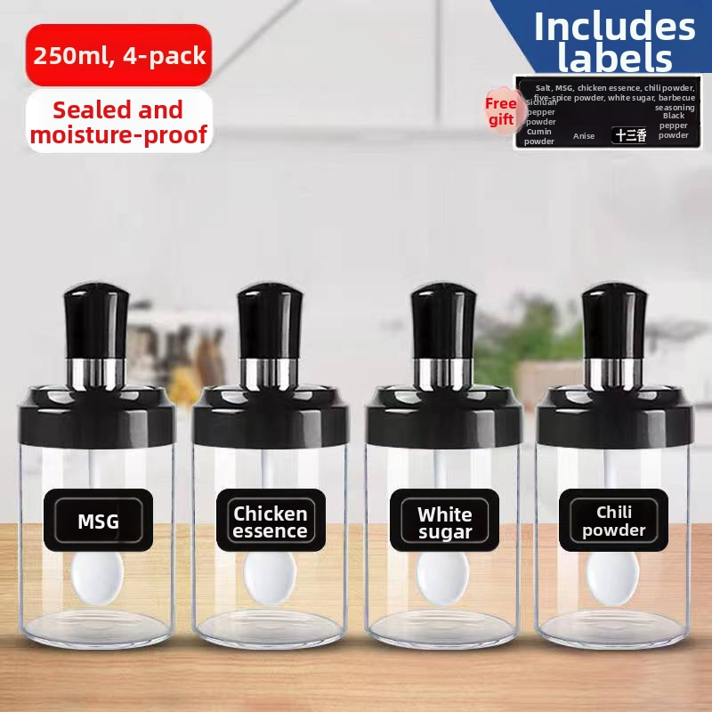 Sada 4 dóz na korenie s integrovaným viečkom s lyžičkou, sklo, odolné voči vlhkosti, priehľadné, 250 ml každá