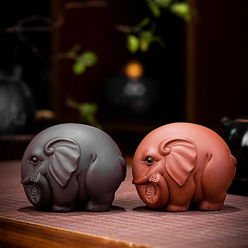 Animal de ceai din lut mov, elefant – ornament lucrat manual, pentru masă de ceai, prosperitate