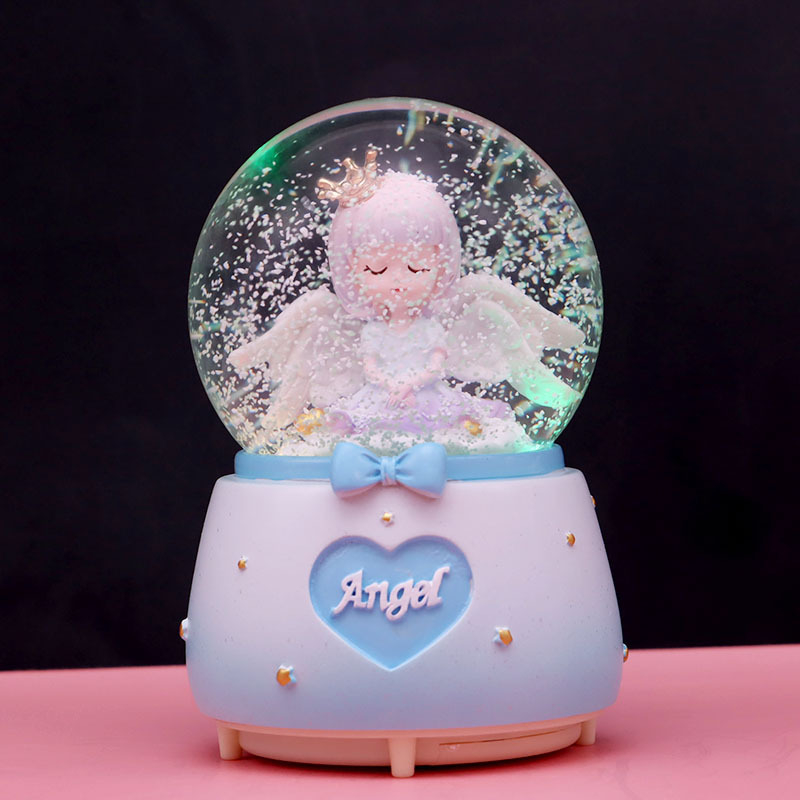 Cutie muzicală cu coroană și fată înger, glob de cristal drăguț, ornament de birou, cadou creativ