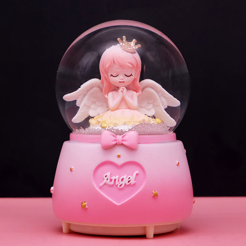 Cutie muzicală cu coroană și fată înger, glob de cristal drăguț, ornament de birou, cadou creativ