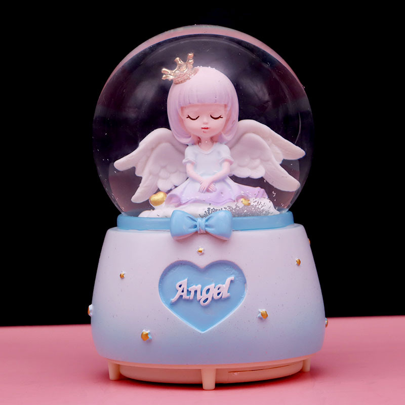 Cutie muzicală cu coroană și fată înger, glob de cristal drăguț, ornament de birou, cadou creativ