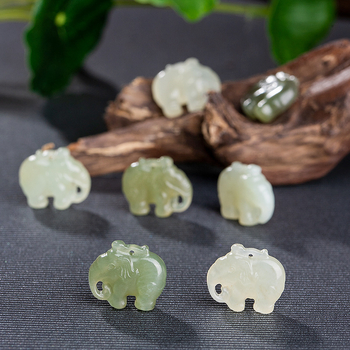 H0002 Star Rain Jad Hetian natural, verde-alb, pandantiv cu elefant, sculptat manual, DIY
