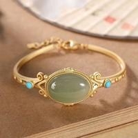 Brățară placată cu aur din argint 925 cu jad Hetian și turcoaz – stil vintage, deschisă, reglabilă, pentru femei