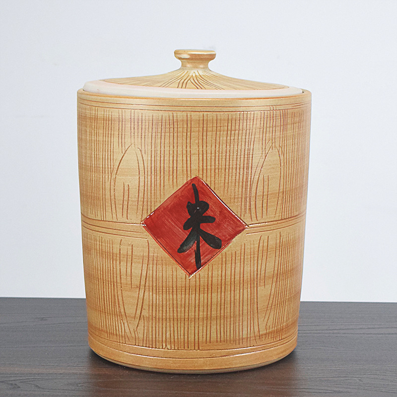 Recipient ceramic pentru depozitarea orezului, cu capac etanș, rezistent la umezeală și insecte, capacitate 10 L