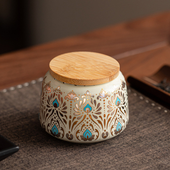 Recipient ceramic pentru ceai, de înaltă calitate, cu capac din bambus, etanș la umezeală, decorativ, stil chinezesc pentru depozitare acasă