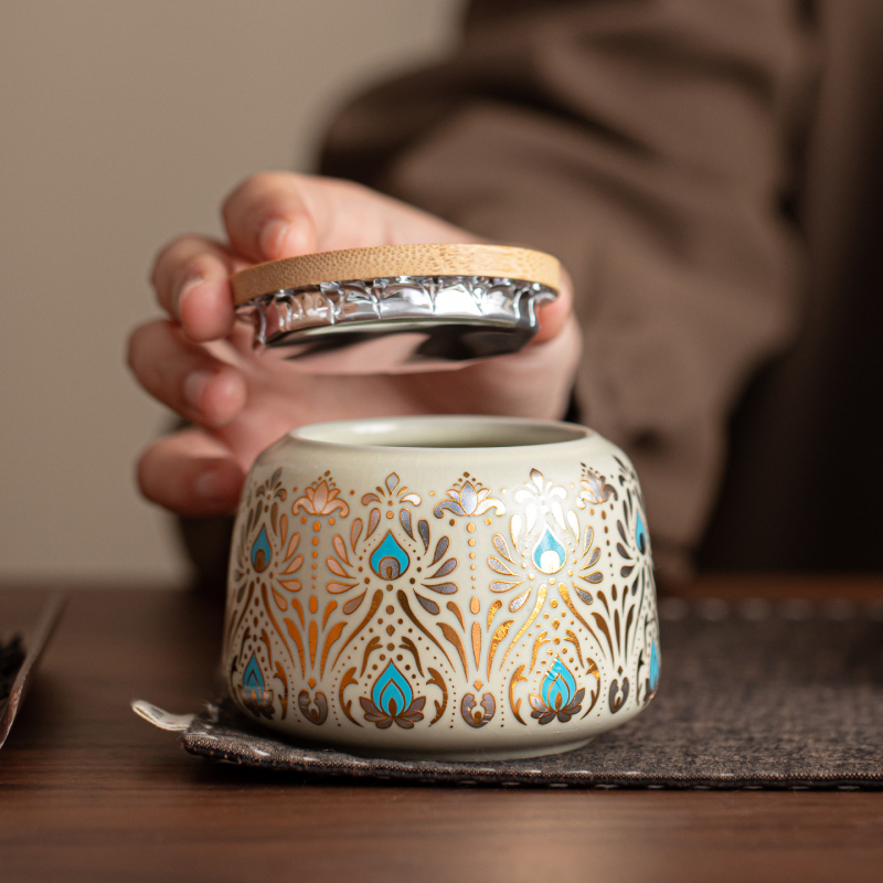 Recipient ceramic pentru ceai, de înaltă calitate, cu capac din bambus, etanș la umezeală, decorativ, stil chinezesc pentru depozitare acasă