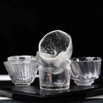 Ceai cristal în stil japonez, margine aurie și textură ciocanată; cană pentru sake și ceașcă individuală pentru ceremonia ceaiului