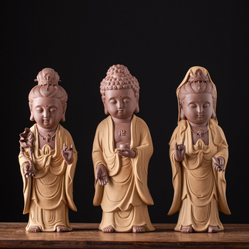Purple Sand ceramică: Trei statuete Budha în picioare ale sfinților occidentali – Guanyin, Vairocana și Ksitigarbha – decorațiuni pentru casă