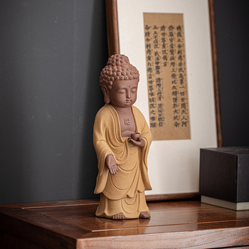Purple Sand ceramică: Trei statuete Budha în picioare ale sfinților occidentali – Guanyin, Vairocana și Ksitigarbha – decorațiuni pentru casă