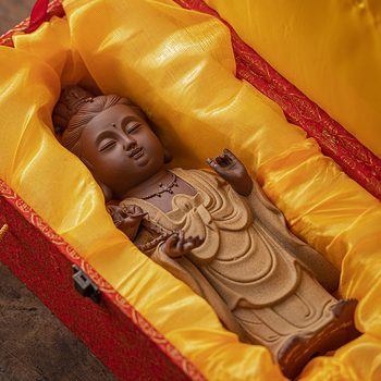 Purple Sand ceramică: Trei statuete Budha în picioare ale sfinților occidentali – Guanyin, Vairocana și Ksitigarbha – decorațiuni pentru casă