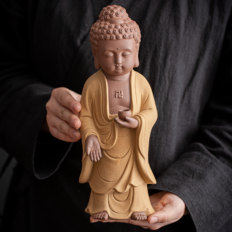Purple Sand ceramică: Trei statuete Budha în picioare ale sfinților occidentali – Guanyin, Vairocana și Ksitigarbha – decorațiuni pentru casă