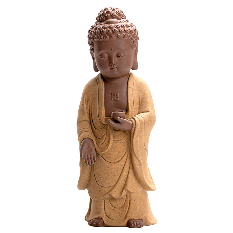 Purple Sand ceramică: Trei statuete Budha în picioare ale sfinților occidentali – Guanyin, Vairocana și Ksitigarbha – decorațiuni pentru casă