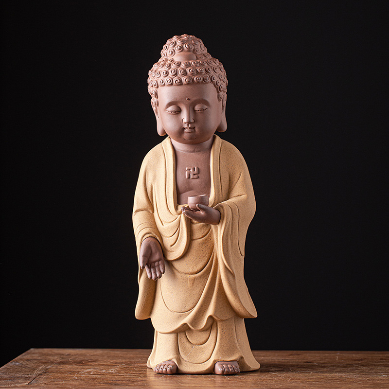 Purple Sand ceramică: Trei statuete Budha în picioare ale sfinților occidentali – Guanyin, Vairocana și Ksitigarbha – decorațiuni pentru casă