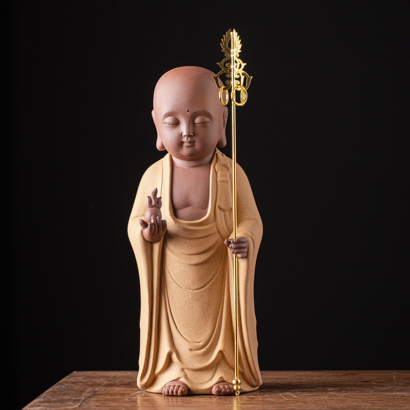 Purple Sand ceramică: Trei statuete Budha în picioare ale sfinților occidentali – Guanyin, Vairocana și Ksitigarbha – decorațiuni pentru casă