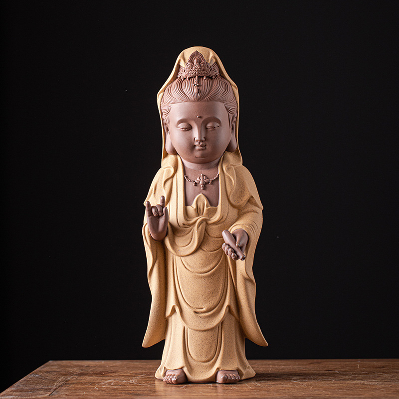 Purple Sand ceramică: Trei statuete Budha în picioare ale sfinților occidentali – Guanyin, Vairocana și Ksitigarbha – decorațiuni pentru casă