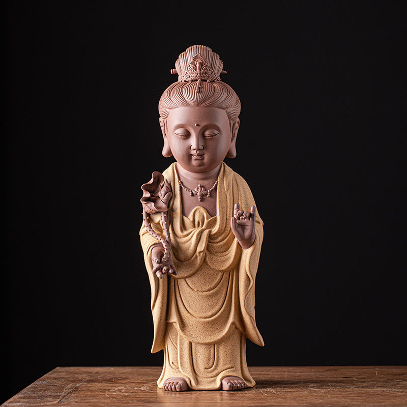 Purple Sand ceramică: Trei statuete Budha în picioare ale sfinților occidentali – Guanyin, Vairocana și Ksitigarbha – decorațiuni pentru casă