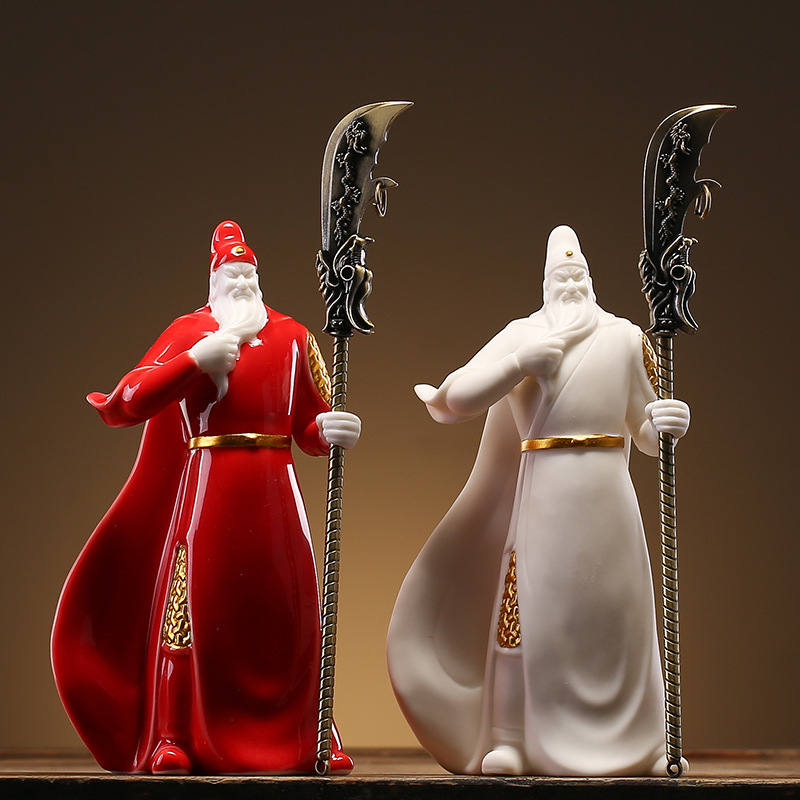Statuetă Guan Gong din porțelan – zeu al războiului și bogăției pentru decor de birou