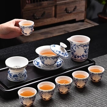 Set de ceai din porțelan albastru și alb, stil chinezesc nou, de înaltă calitate, complet pentru casă și birou, în cutie cadou
