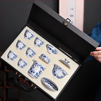 Porcelánová čajová súprava z modrého a bieleho nefritu, vynikajúci nový čínsky štýl, luxusná kompletná súprava do domácnosti a kancelárie, darčeková krabička
