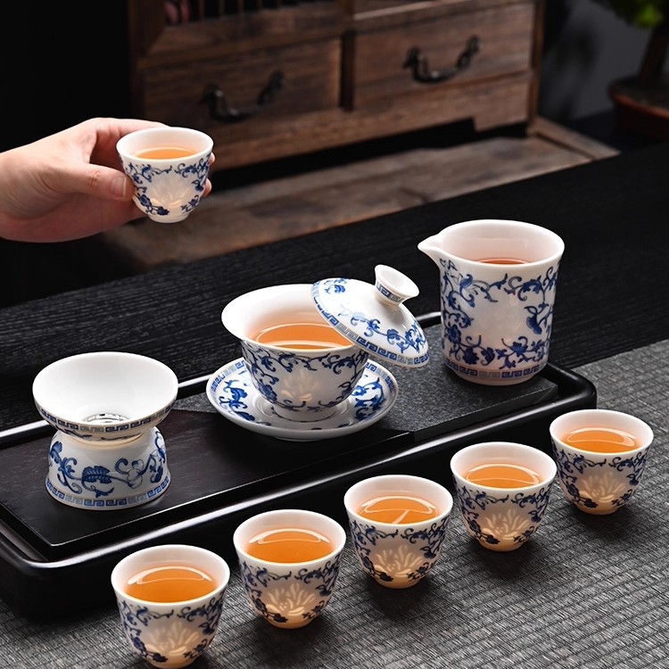 Set de ceai din porțelan albastru și alb, stil chinezesc nou, de înaltă calitate, complet pentru casă și birou, în cutie cadou