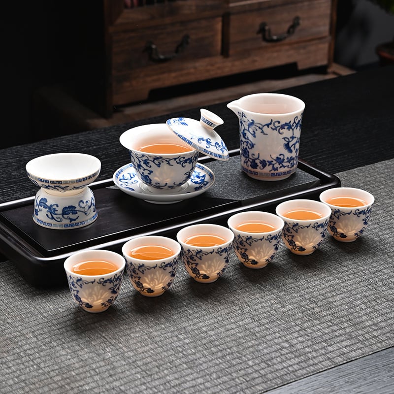 Set de ceai din porțelan albastru și alb, stil chinezesc nou, de înaltă calitate, complet pentru casă și birou, în cutie cadou