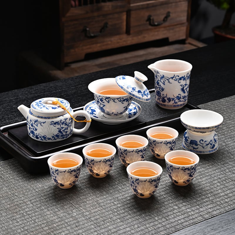 Set de ceai din porțelan albastru și alb, stil chinezesc nou, de înaltă calitate, complet pentru casă și birou, în cutie cadou