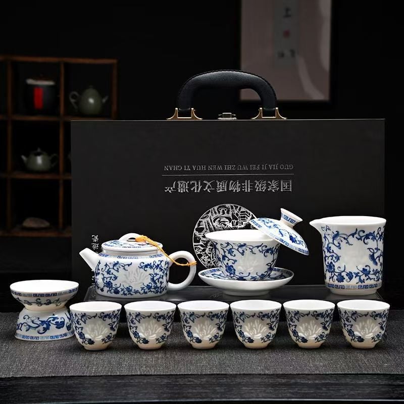 Set de ceai din porțelan albastru și alb, stil chinezesc nou, de înaltă calitate, complet pentru casă și birou, în cutie cadou