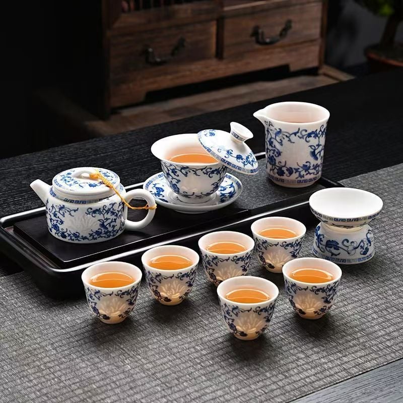 Set de ceai din porțelan albastru și alb, stil chinezesc nou, de înaltă calitate, complet pentru casă și birou, în cutie cadou