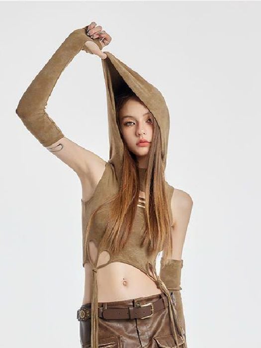Tricou cu glugă kaki, stil post-apocaliptic pentru femei, vară, cropped, slim