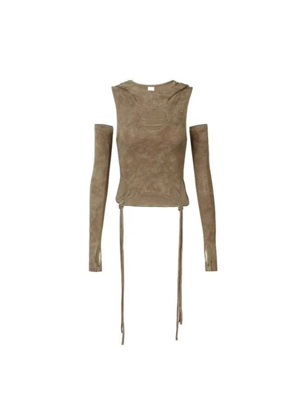Tricou cu glugă kaki, stil post-apocaliptic pentru femei, vară, cropped, slim