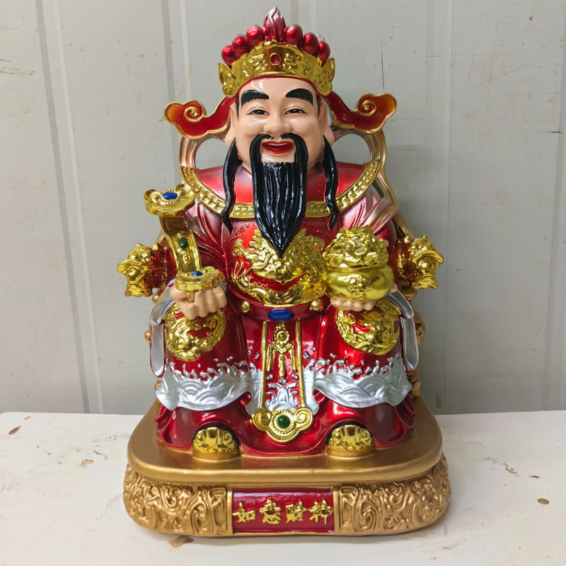 Gyanta Buddha-szobor a vagyont hozó istenhez, irodai megnyitóhoz és otthoni tiszteletadásra, bronzszínű Buddha-szobor Ruyi-jelképpel