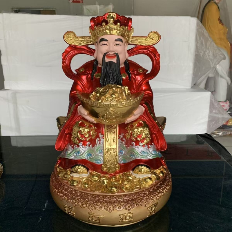 Gyanta Buddha-szobor a vagyont hozó istenhez, irodai megnyitóhoz és otthoni tiszteletadásra, bronzszínű Buddha-szobor Ruyi-jelképpel