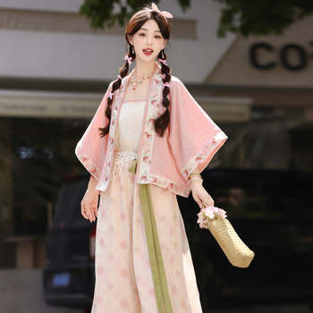 Peach Bubbling – Γυναικείο Hanfu σετ σε στιλ Song Dynasty, καλοκαιρινό cardigan με κεντήματα λουλουδιών