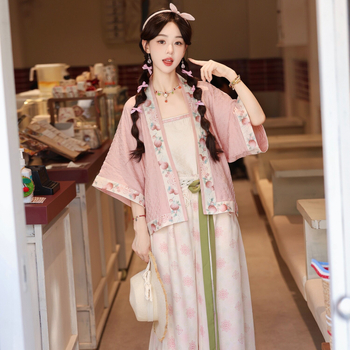 Peach Bubbling – Γυναικείο Hanfu σετ σε στιλ Song Dynasty, καλοκαιρινό cardigan με κεντήματα λουλουδιών