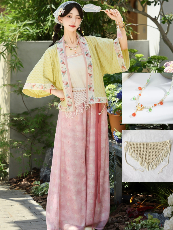 Peach Bubbling – Γυναικείο Hanfu σετ σε στιλ Song Dynasty, καλοκαιρινό cardigan με κεντήματα λουλουδιών