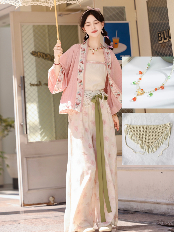 Peach Bubbling – Γυναικείο Hanfu σετ σε στιλ Song Dynasty, καλοκαιρινό cardigan με κεντήματα λουλουδιών