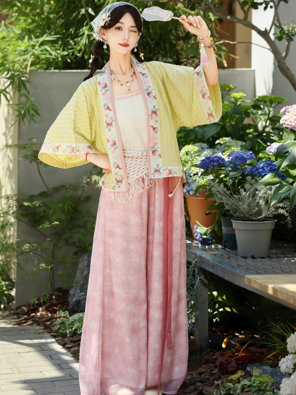 Peach Bubbling – Γυναικείο Hanfu σετ σε στιλ Song Dynasty, καλοκαιρινό cardigan με κεντήματα λουλουδιών