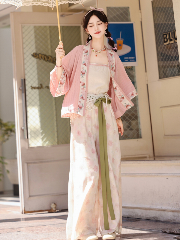 Peach Bubbling – Γυναικείο Hanfu σετ σε στιλ Song Dynasty, καλοκαιρινό cardigan με κεντήματα λουλουδιών