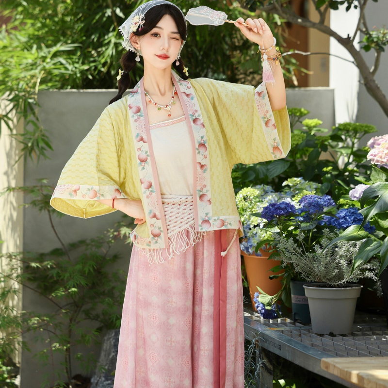 Peach Bubbling – Γυναικείο Hanfu σετ σε στιλ Song Dynasty, καλοκαιρινό cardigan με κεντήματα λουλουδιών