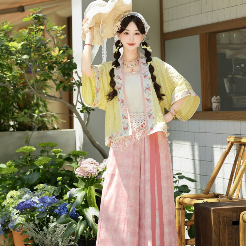 Peach Bubbling – Γυναικείο Hanfu σετ σε στιλ Song Dynasty, καλοκαιρινό cardigan με κεντήματα λουλουδιών