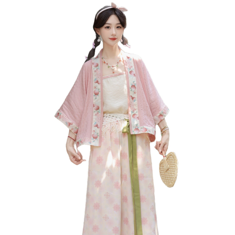 Peach Bubbling – Γυναικείο Hanfu σετ σε στιλ Song Dynasty, καλοκαιρινό cardigan με κεντήματα λουλουδιών
