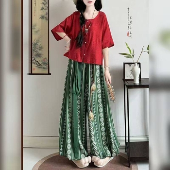 Zhiyu Tang σετ Hanfu γυναικών – Qiujin έμπνευση, καθημερινό ένδυμα της δυναστείας Σον, παντελόνια lantern, ελαστική μέση και πουκάμισο με στρογγυλή λαιμόκοψη, καλοκαίρι.