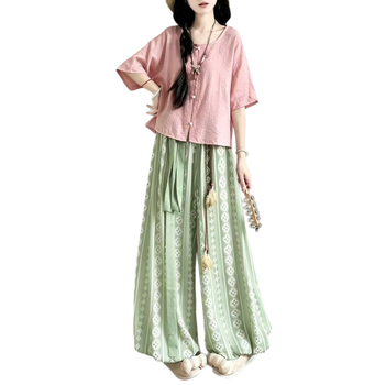 Zhiyu Tang σετ Hanfu γυναικών – Qiujin έμπνευση, καθημερινό ένδυμα της δυναστείας Σον, παντελόνια lantern, ελαστική μέση και πουκάμισο με στρογγυλή λαιμόκοψη, καλοκαίρι.