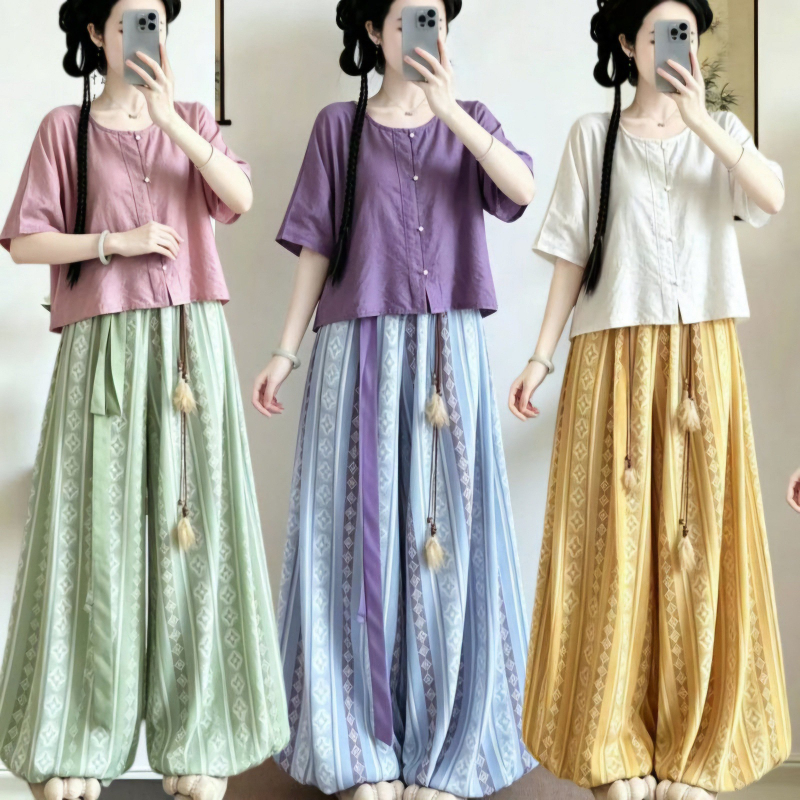 Zhiyu Tang σετ Hanfu γυναικών – Qiujin έμπνευση, καθημερινό ένδυμα της δυναστείας Σον, παντελόνια lantern, ελαστική μέση και πουκάμισο με στρογγυλή λαιμόκοψη, καλοκαίρι.
