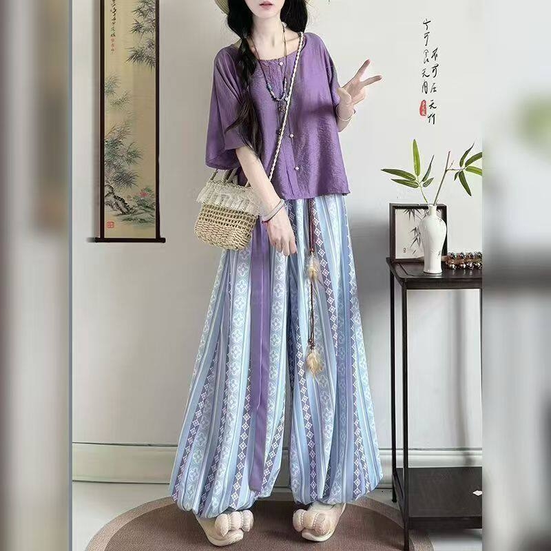 Zhiyu Tang σετ Hanfu γυναικών – Qiujin έμπνευση, καθημερινό ένδυμα της δυναστείας Σον, παντελόνια lantern, ελαστική μέση και πουκάμισο με στρογγυλή λαιμόκοψη, καλοκαίρι.