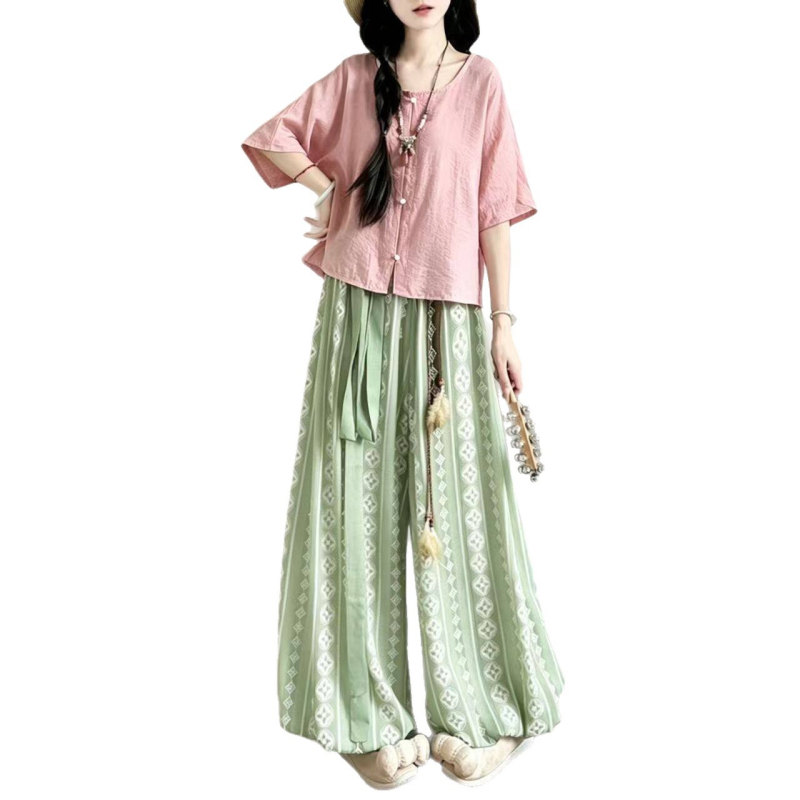 Zhiyu Tang σετ Hanfu γυναικών – Qiujin έμπνευση, καθημερινό ένδυμα της δυναστείας Σον, παντελόνια lantern, ελαστική μέση και πουκάμισο με στρογγυλή λαιμόκοψη, καλοκαίρι.