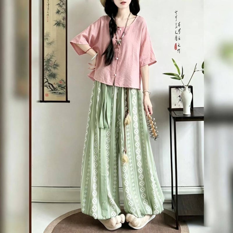 Zhiyu Tang σετ Hanfu γυναικών – Qiujin έμπνευση, καθημερινό ένδυμα της δυναστείας Σον, παντελόνια lantern, ελαστική μέση και πουκάμισο με στρογγυλή λαιμόκοψη, καλοκαίρι.