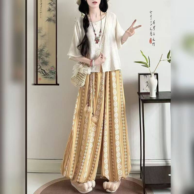 Zhiyu Tang σετ Hanfu γυναικών – Qiujin έμπνευση, καθημερινό ένδυμα της δυναστείας Σον, παντελόνια lantern, ελαστική μέση και πουκάμισο με στρογγυλή λαιμόκοψη, καλοκαίρι.
