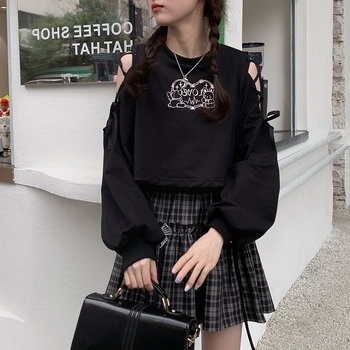 Σετ: Crop top με ανοιχτούς ώμους και μακριά μανίκια + φούστα καρό